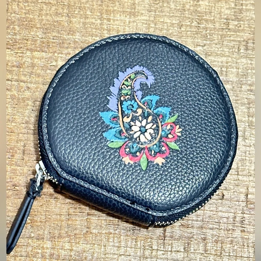 Vera Bradley Black Round Coin Purse with Colorful Paisley Motif
